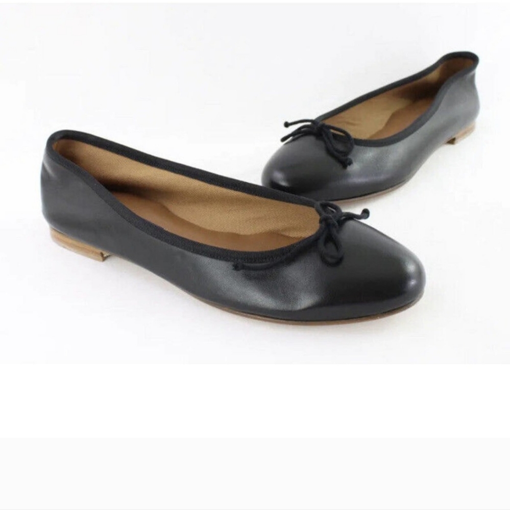 Margaux Black Leather Ballet Flats with Bow Trim